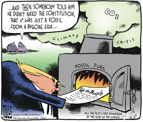 Political Cartoon U.S. Trump Burning Constitution Fossil Fuels