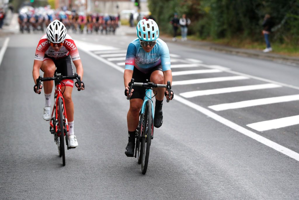 ROUBAIX FRANCE OCTOBER 02 LR Nicole Steigenga of Netherlands and Doltcini Van Eyck Proximus Continental Team and Emilie Moberg of Norway and Team DropsLe Col Supported By Tempur compete in the breakaway during the 1st ParisRoubaix 2021 Womens Elite a 1164km race from Denain to Roubaix ParisRoubaixFemmes ParisRoubaix on October 02 2021 in Roubaix France Photo by Bas CzerwinskiGetty Images