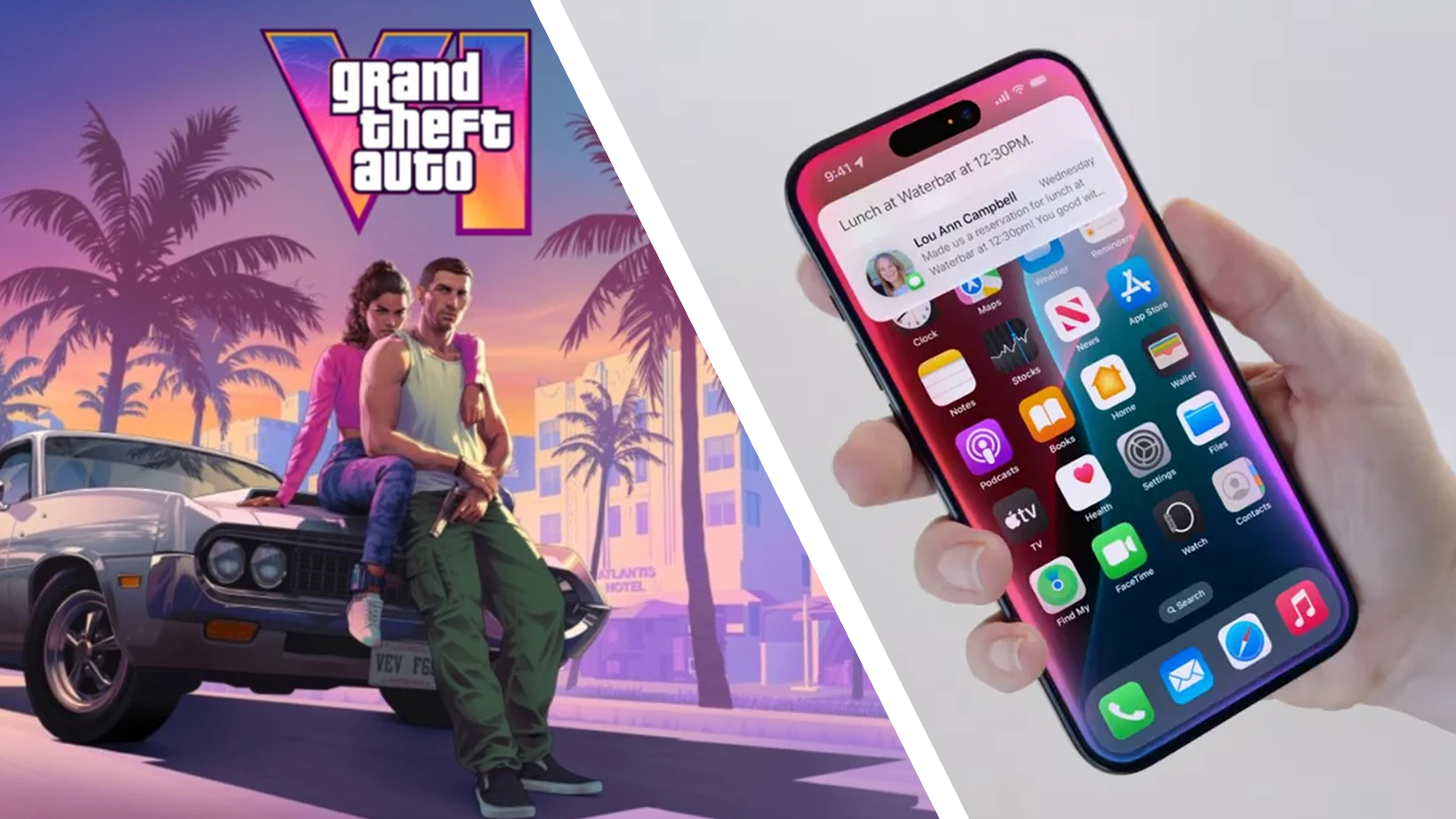 New GTA VI splash art next to an iPhone being held with Siri 2.0 activated