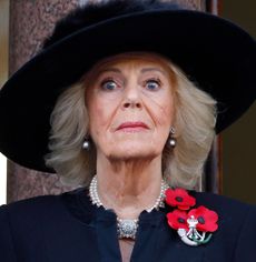 Queen Camilla wearing a big black hat looking surprised