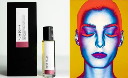 Rose Rage Fragrance Perfume, next to lady with closed eyes