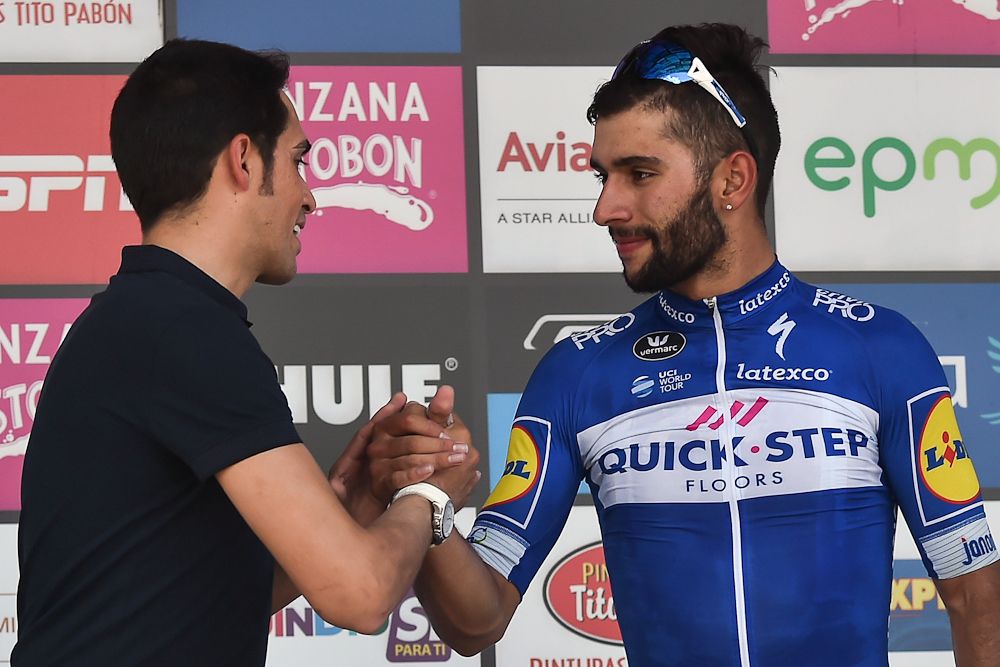 Alberto Contador congratulates Fernando Gaviria at Colombia Oro y Paz.