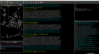 Lusternia running with UI mods in Mudlet. The player stands at the Megalith of Doom, on the left-hand side of the screen is a map and health bar, on the right: a chat window and a window describing everything in the same room.