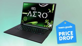 Gigabyte Aero X16 on green background with Tom's Guide Price Drop badge