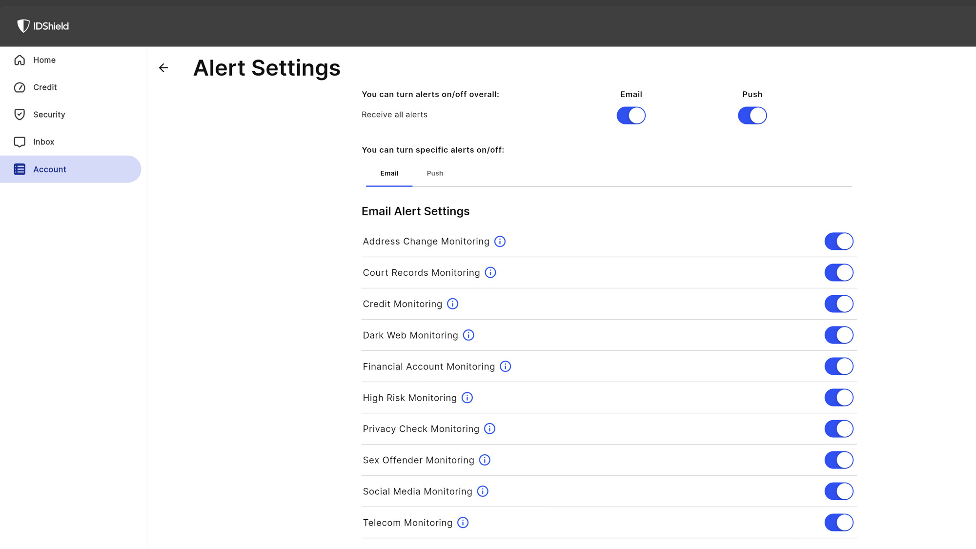 Screenshot of the IDShield web interface