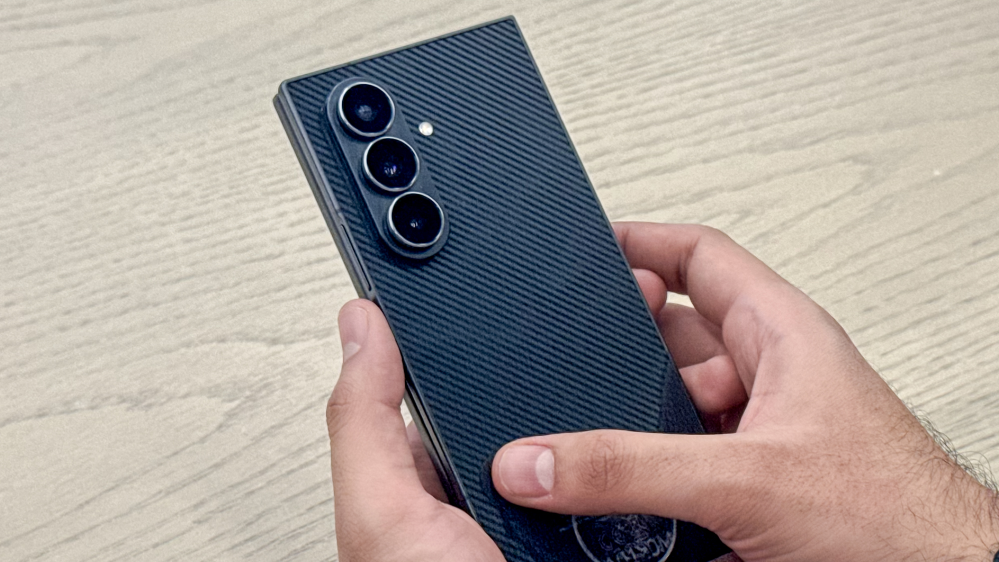 Samsung Galaxy Z TriFold folded, showing the back panel