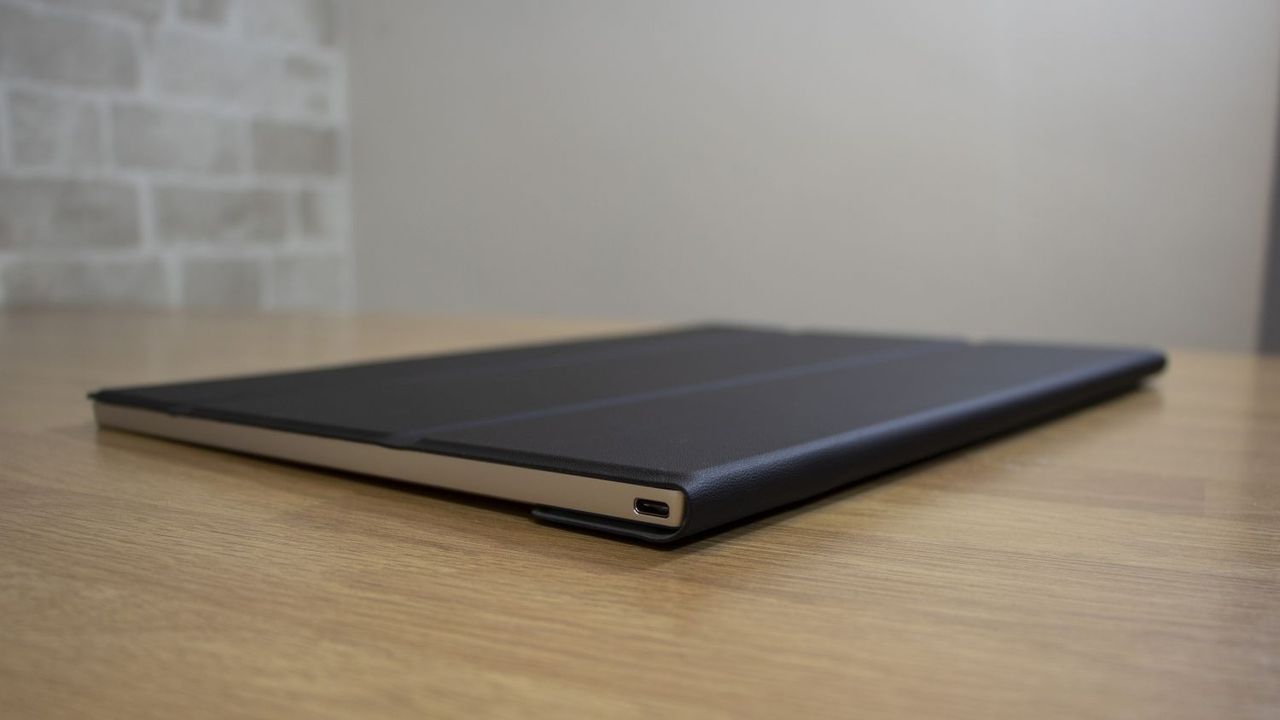 A photograph of the LG Gram +view laid flat on a table