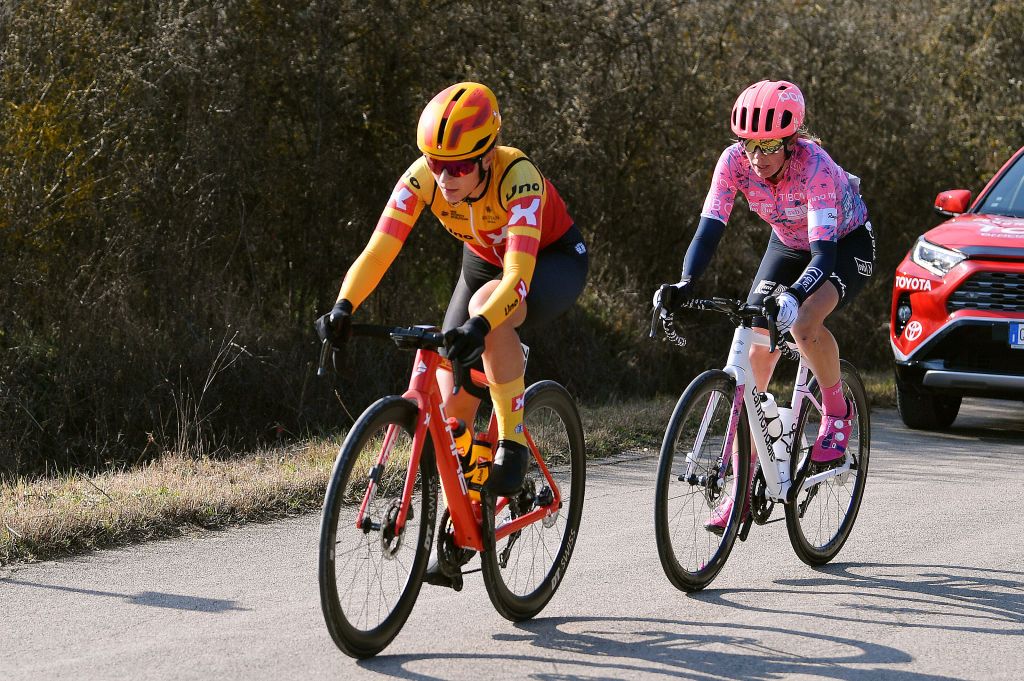 SIENA ITALY MARCH 05 LR Rebecca Koerner of Denmark and UnoX Women Cycling Team and Emily Newsom of United States and Team EF Education Tibco Svb compete in the breakaway during the Eroica 8th Strade Bianche 2022 Womens Elite a 136km one day race from Siena to Siena Piazza del Campo 321m StradeBianche on March 05 2022 in Siena Italy Photo by Luc ClaessenGetty Images