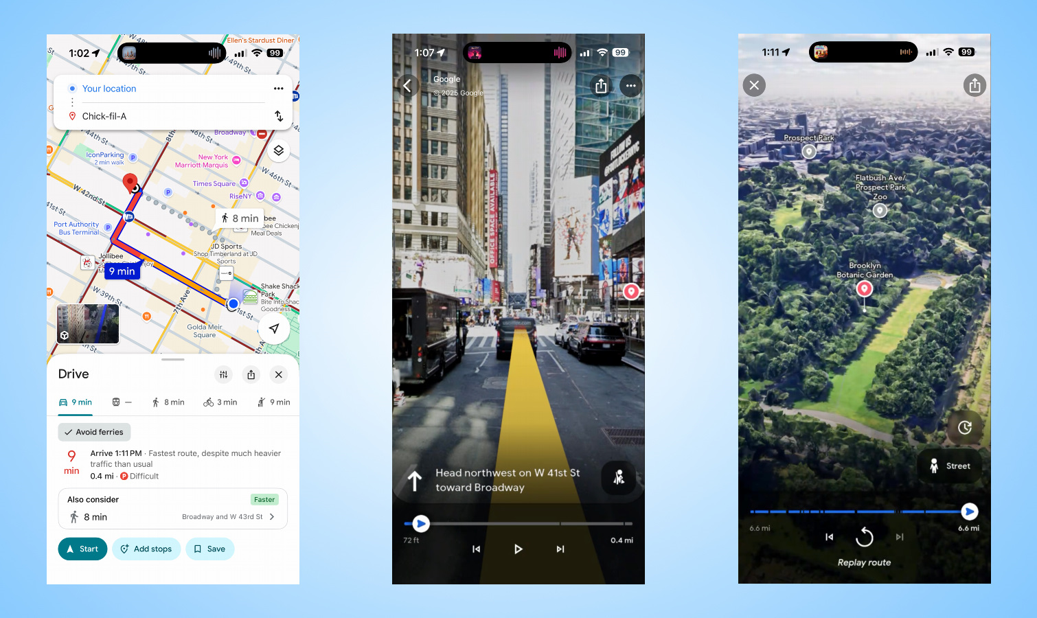 Google Maps Immersive View screen shots.