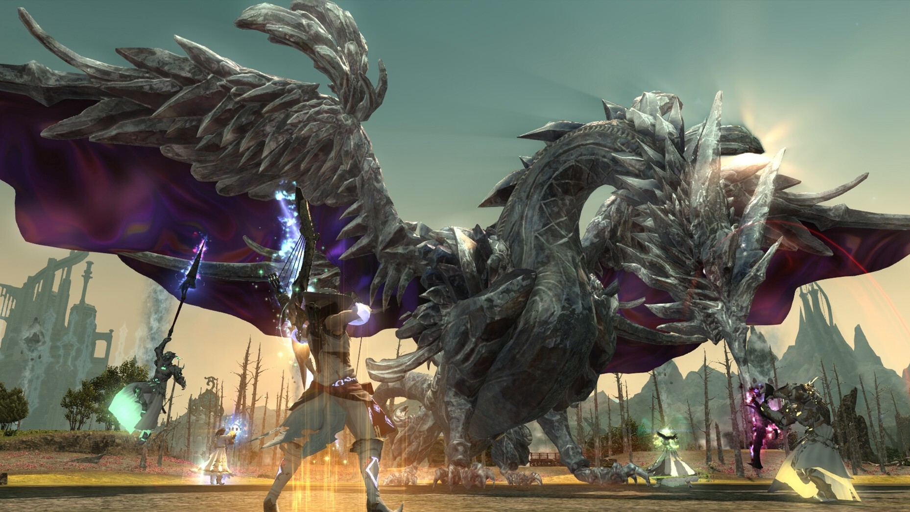 A full party of players battling a dragon boss in FFXIV.