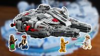Lego Smart Play Millennium Falcon and minifigures with a white outline, against a blurred image of a Millennium Falcon