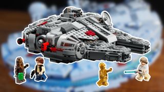 Lego Smart Play Millennium Falcon and minifigures with a white outline, against a blurred image of a Millennium Falcon