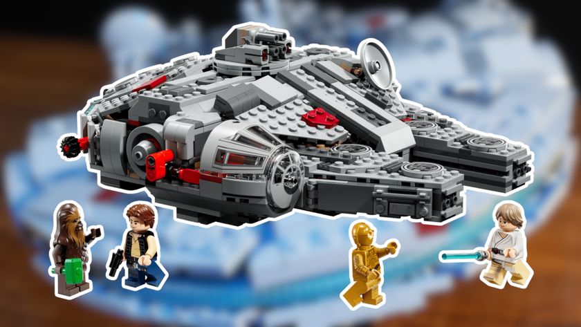 Lego Smart Play Millennium Falcon and minifigures with a white outline, against a blurred image of a Millennium Falcon