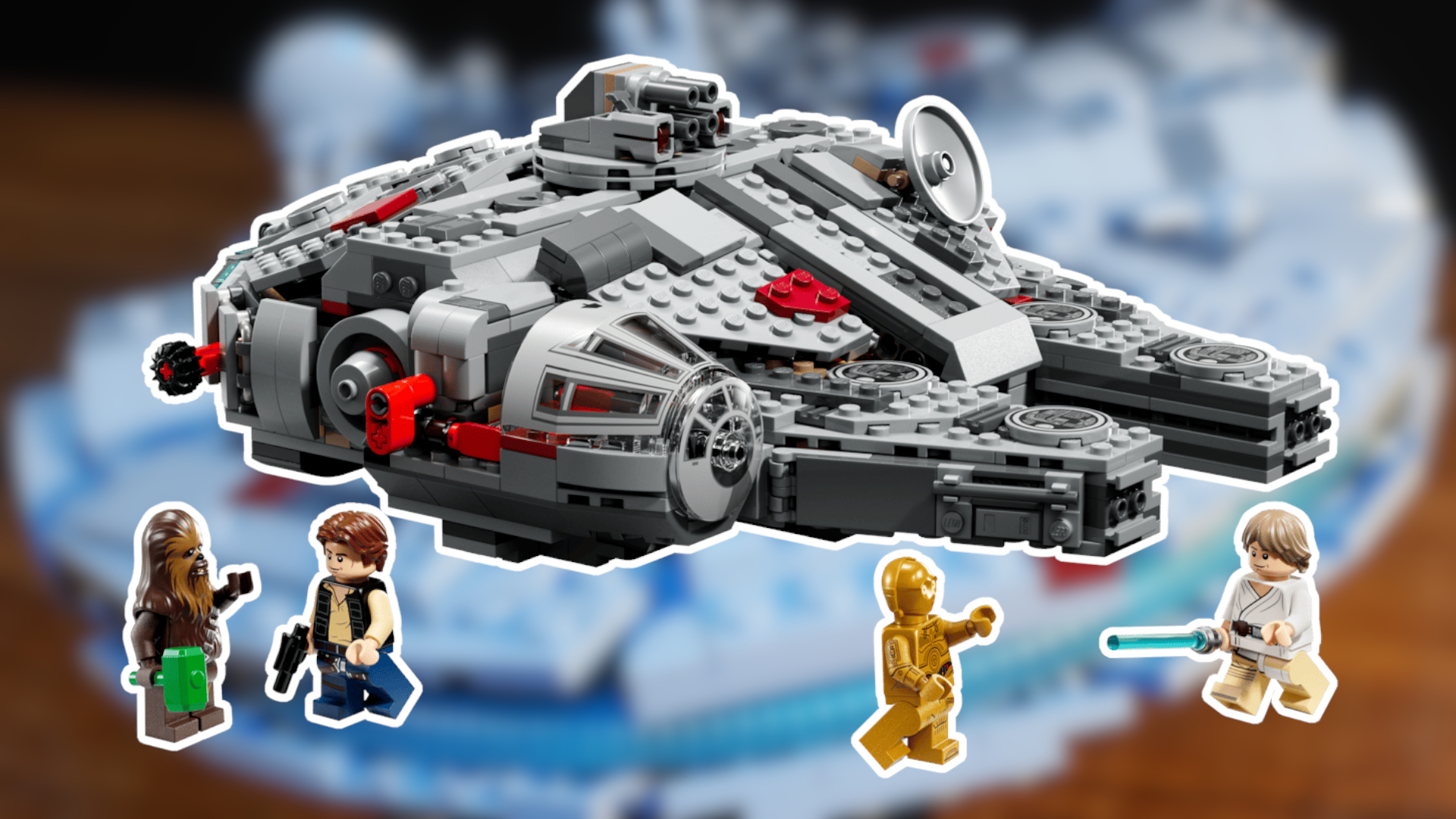 Lego Smart Play Millennium Falcon and minifigures with a white outline, against a blurred image of a Millennium Falcon