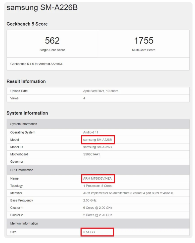 Samsung Galaxy A22 5G benchmarks