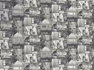 Paris City Glitter Wallpaper showing a montage of Paris streets and the Eiffel Tower in black and grey