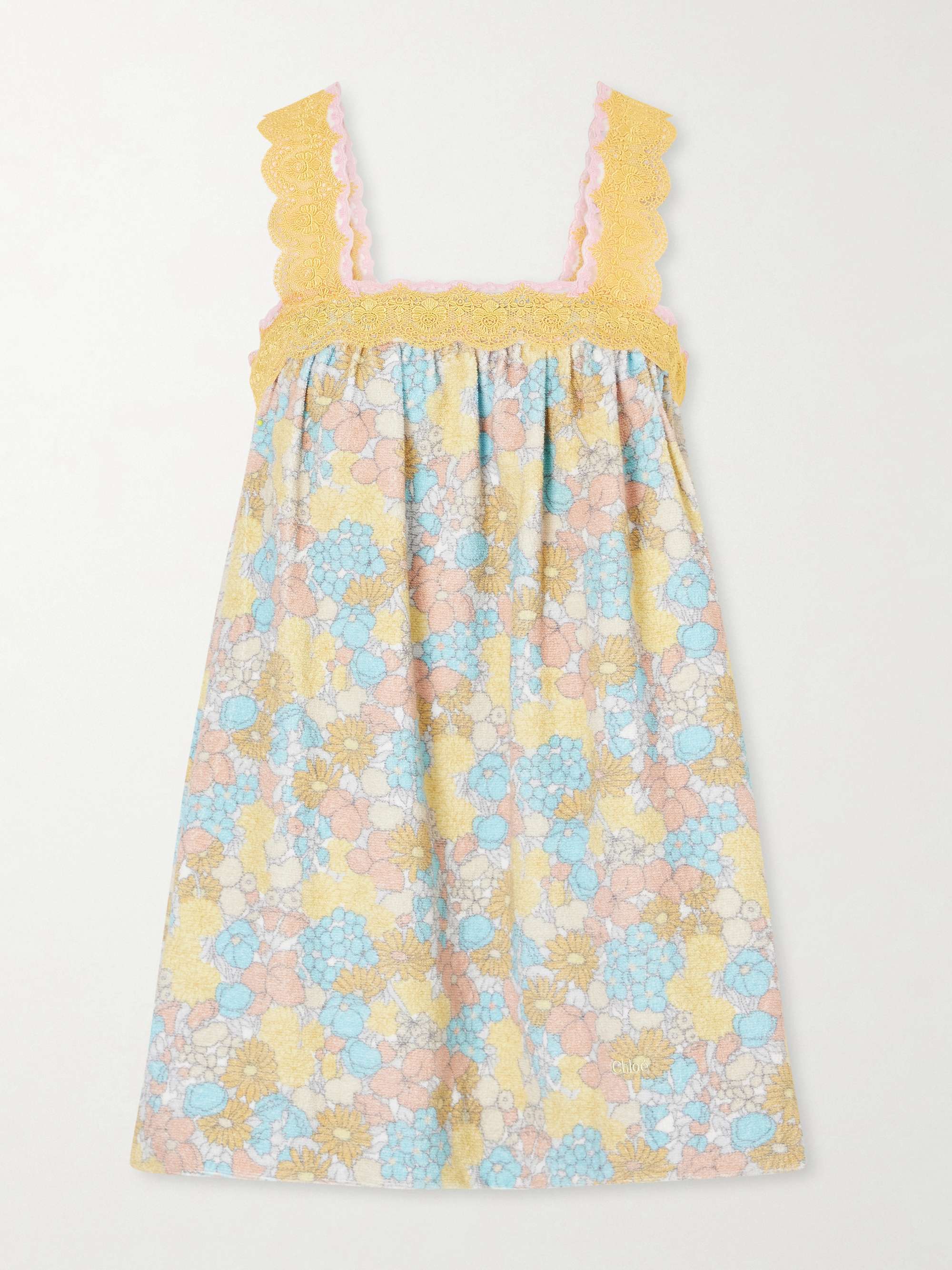 Pleated Lace-Trimmed Floral-Print Cotton-Terry Mini Dress