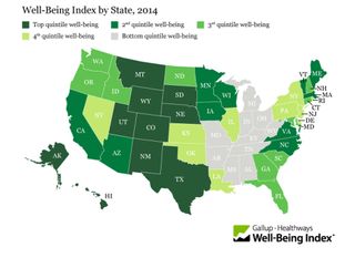 A map of the United States showing where states rank in terms of their well-being scores.