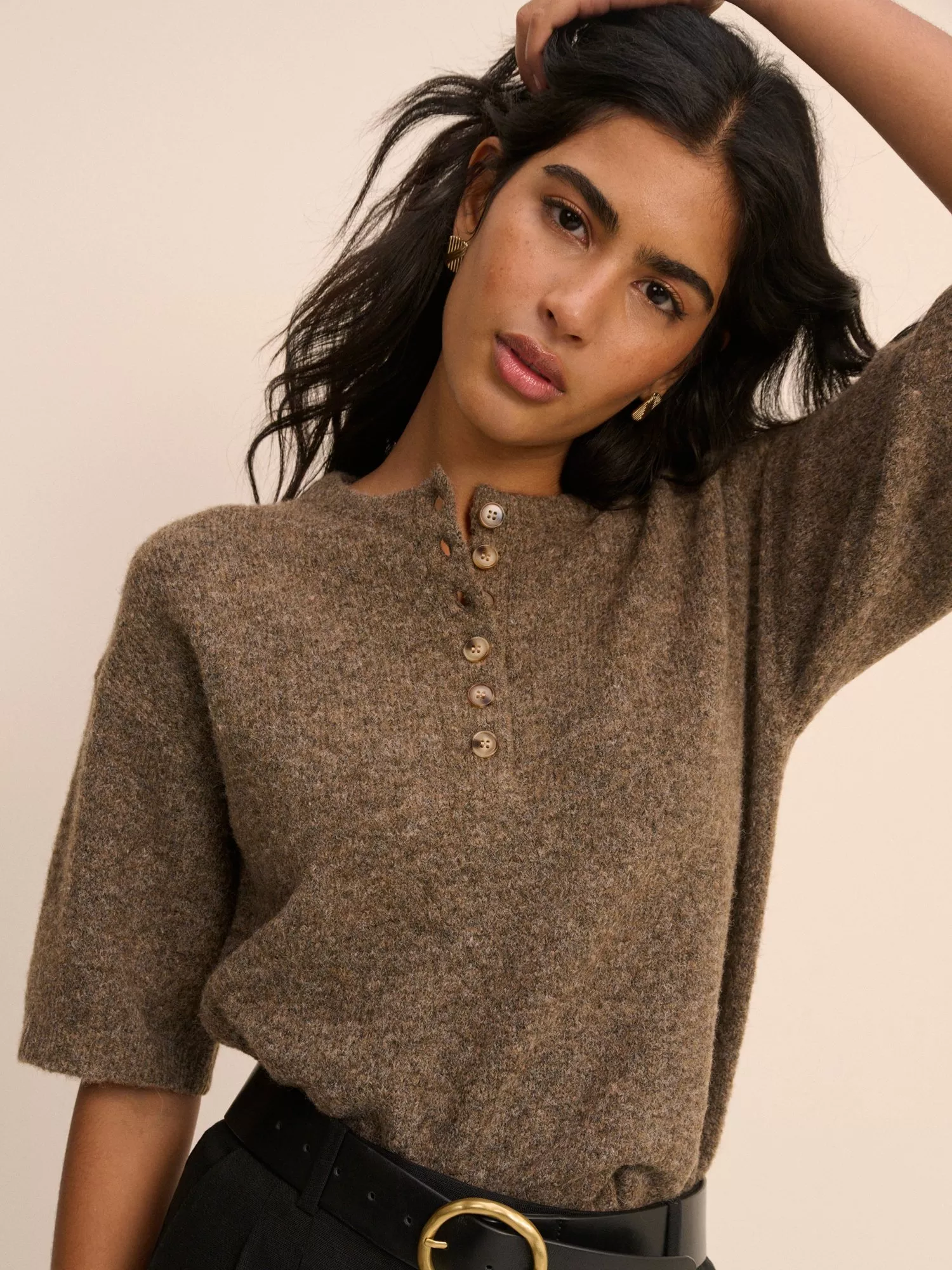 Nobody's Child Henley Short Sleeve Button Neck Knit Top, Brown