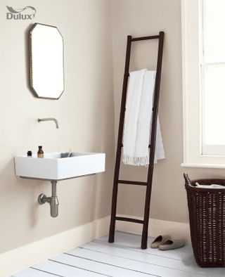 Dulux Bathroom Egyptian Cotton, the best white paint for bathrooms, used in a modern neutral bathroom with step ladder and sink