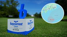 Main image of a Baycurrent Classic tee marker and inset screenshot of Typhoon Halong's projected path on Google Maps