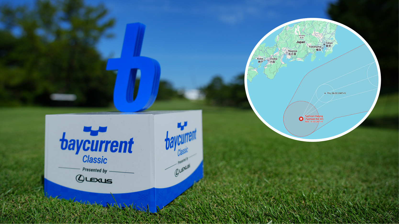 Main image of a Baycurrent Classic tee marker and inset screenshot of Typhoon Halong&#039;s projected path on Google Maps