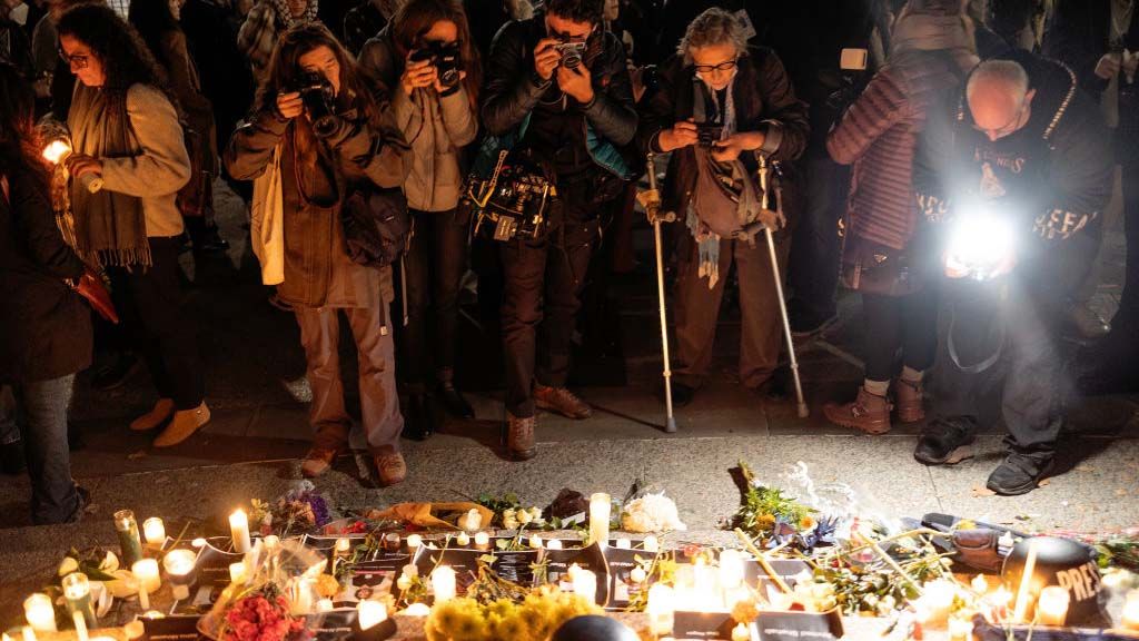 A memorial vigil for journalists killed during the Israel-Hamas war in Gaza at Foley Square in New York. 