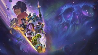 A group of space heroes against a starry backdrop with a nebula shaped like a skull