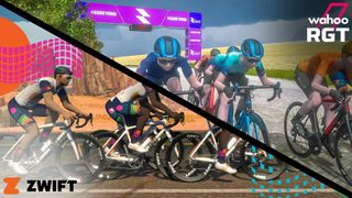 A split screen image with in-game play of Zwift and Wahoo RGT
