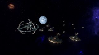 Star Trek Infinite - several space ships cluster together near a blue planet