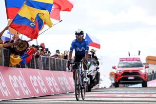 Nairo Quintana crosses the finish line in second place during stage 15 at the Giro d'Italia