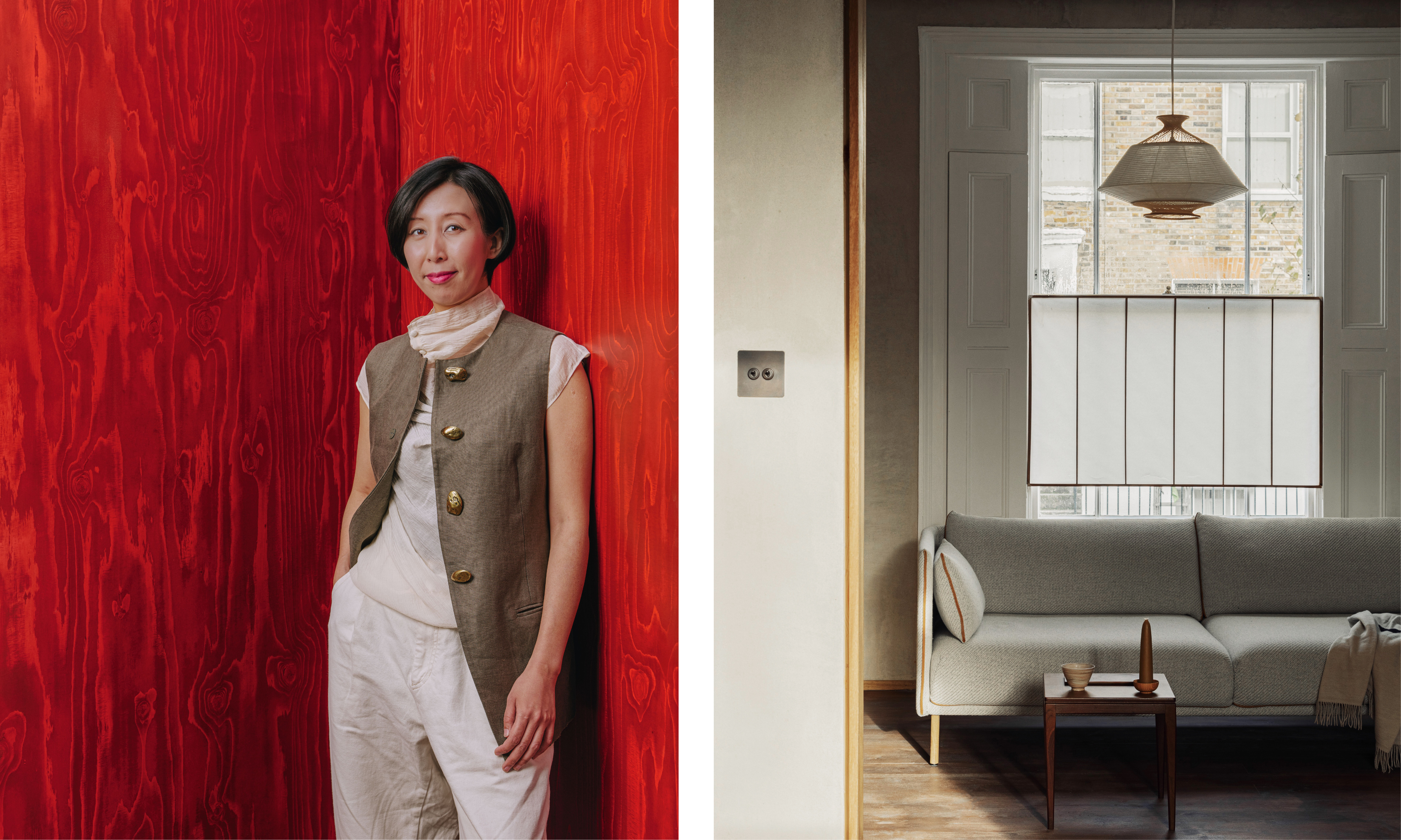 collage of portrait of woman and living room