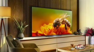 LG B3 OLED TV in a modern apartment living room with a bee on screen