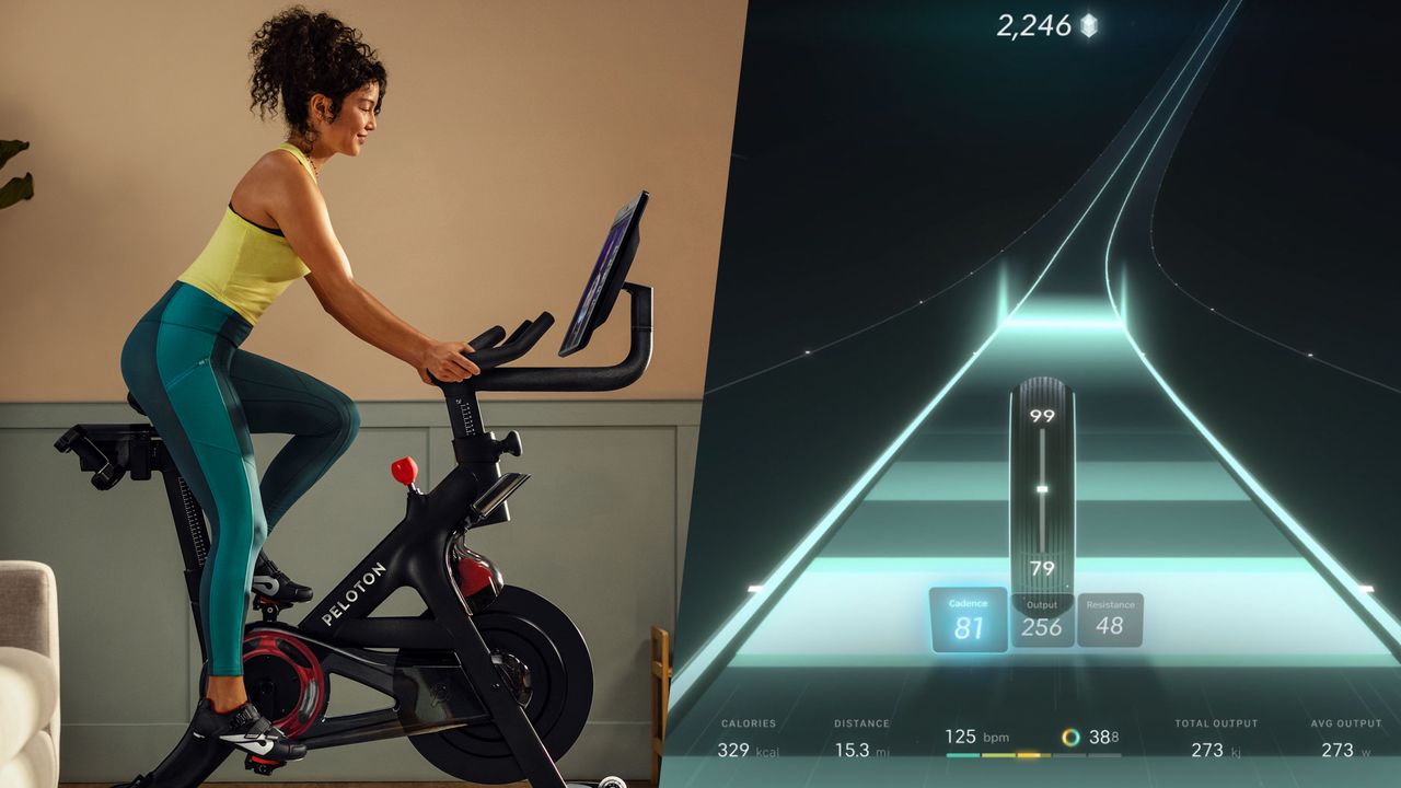 Right: Fit young woman riding a Peloton Bike+, Left: A screenshot of the Peloton Lanebreak