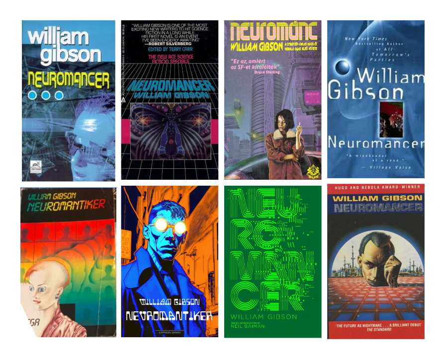 Neuromancer book covers showing various Neuromancer fonts and typefaces