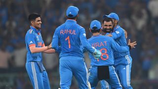 Mohammed Shami of India celebrates a wicket with team mates ahead of the India vs Sri Lanka live stream