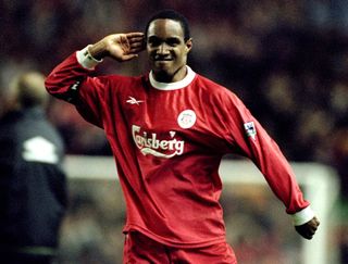 Paul Ince gestures to the crowd after his equaliser in the 2-2 draw for Liverpool against former club Liverpool in 1999.