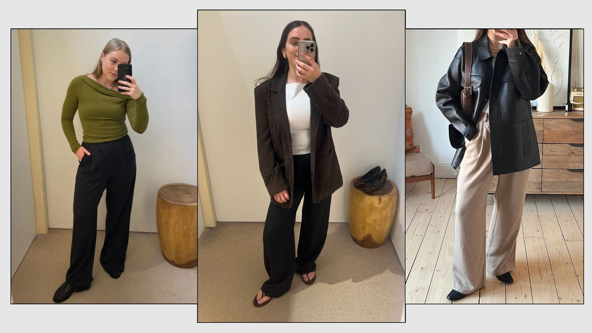 A collage of Who What Wear UK editors Ava Gilchrist, Florrie Alexander and Emily Dawes wearing Reformation&#039;s best-selling Mason pants, a piece included in the brand&#039;s 2025 Black Friday sale. 