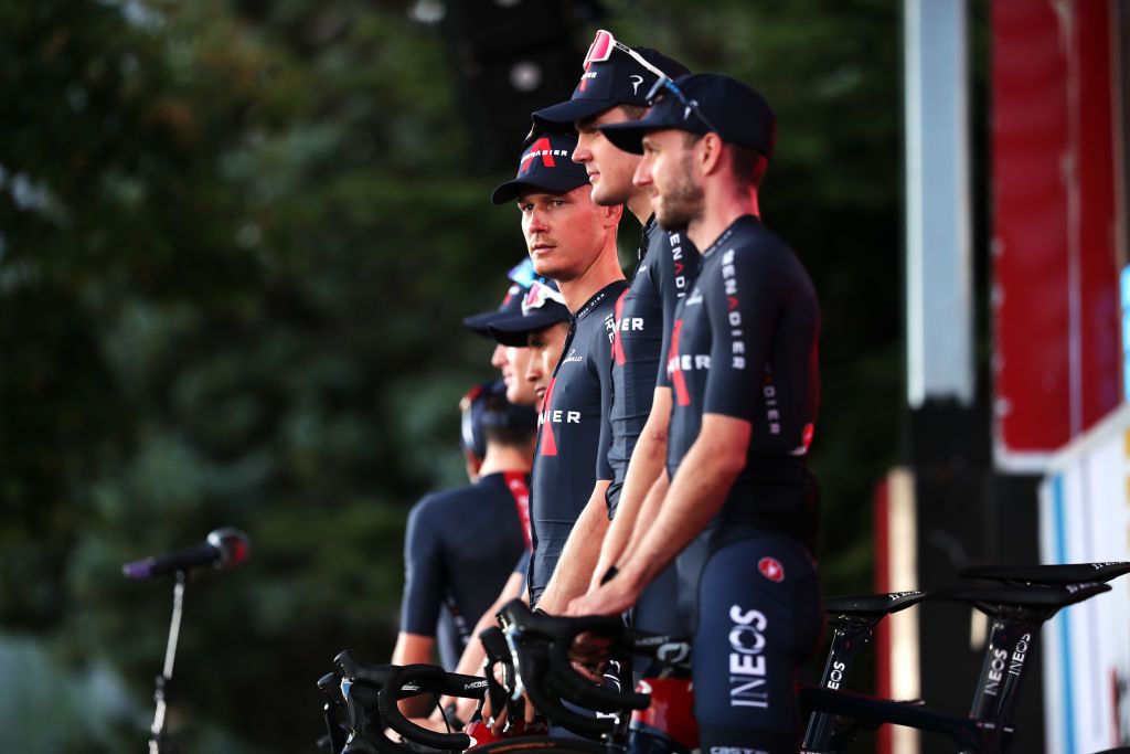 BURGOS SPAIN AUGUST 12 Dylan Van Baarle of Netherlands and Team INEOS Grenadiers during the 76th Tour of Spain 2021 Team Presentation lavuelta LaVuelta21 CapitalMundialdelCiclismo catedral2021 on August 12 2021 in Burgos Spain Photo by Gonzalo Arroyo MorenoGetty Images