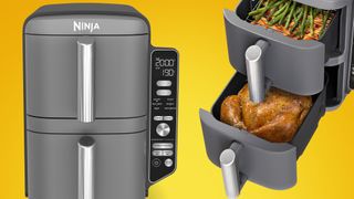 The Ninja Double Stack Air Fryer SL400 on an orange background