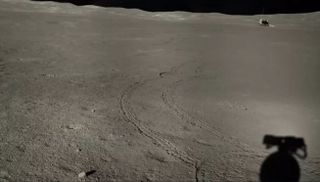 A stitched image from Yutu-2 looking back toward the Chang'e-4 lander during lunar day 7, in late June and early July 2019.
