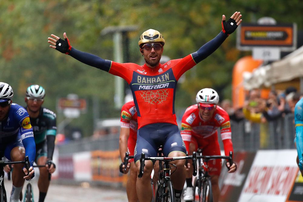 Sonny Colbrelli celebrates his win in the 2018 Gran Piemonte
