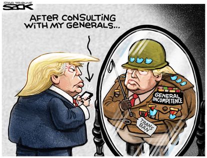 Political cartoon U.S. Trump tweets transgender soldiers