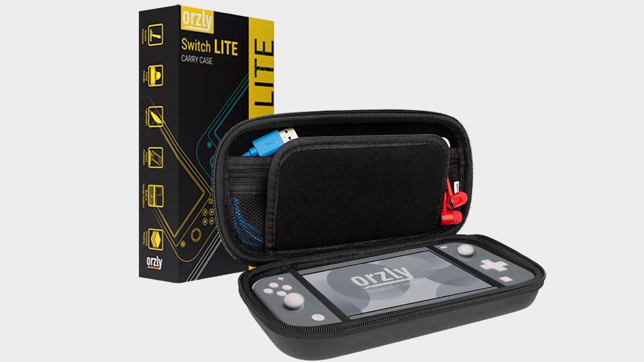 Image of a Switch Lite case opened up to reveal the handheld and a series of stored Switch games.