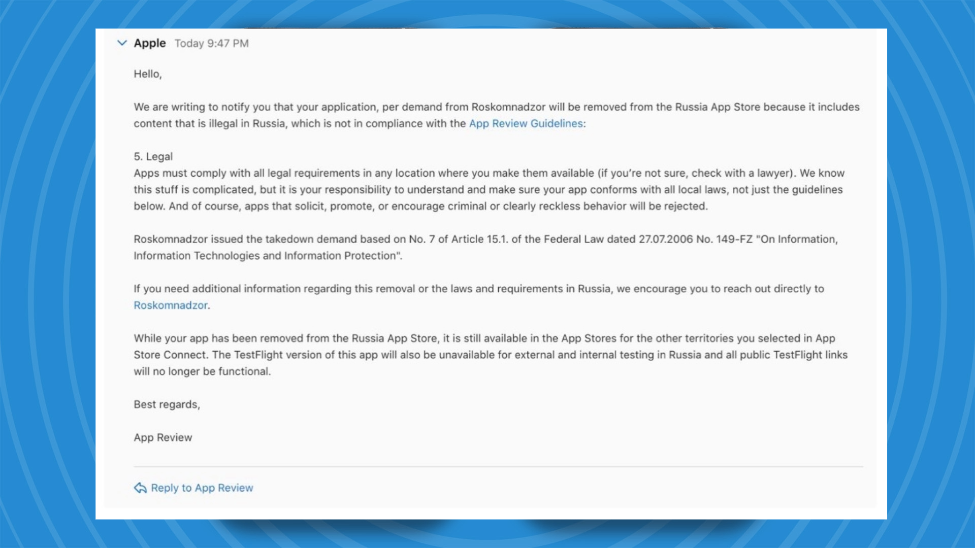 لقطة شاشة لرسالة Apple المرسلة إلى v2RayTun لإخطار المزود بإزالة عميل VPN الخاص به من متجر التطبيقات الروسي (مارس 2026)