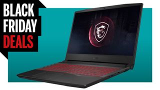 The MSI gf65 thin with Black Friday deals in the top left corner on a blue background