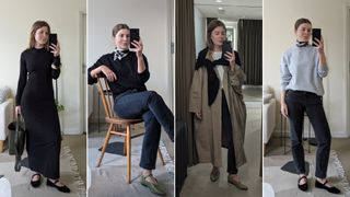 Four images of fashion content creator Angharad Jones wearing black Mary Jane flats and green Mary Jane flats.