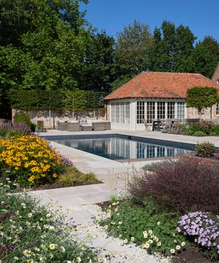planting and landscaping surrounding a backyard pool