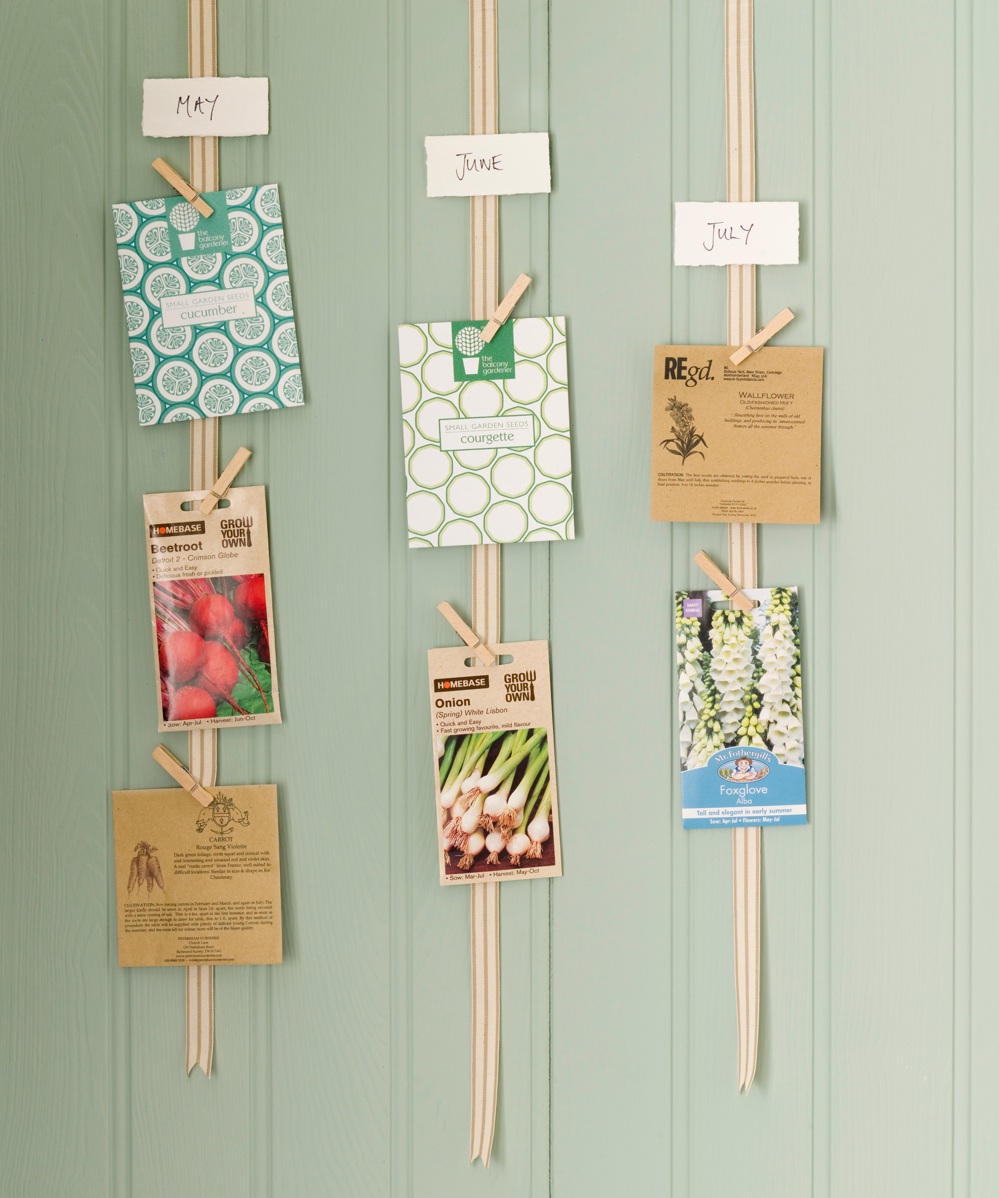 Hanging seed organiser. Ribbons with seed pouches attached with pegs