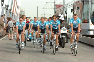 Team Milram need a big performance at the Tour. Linus Gerdemann (second right) will be hoping to deliver.